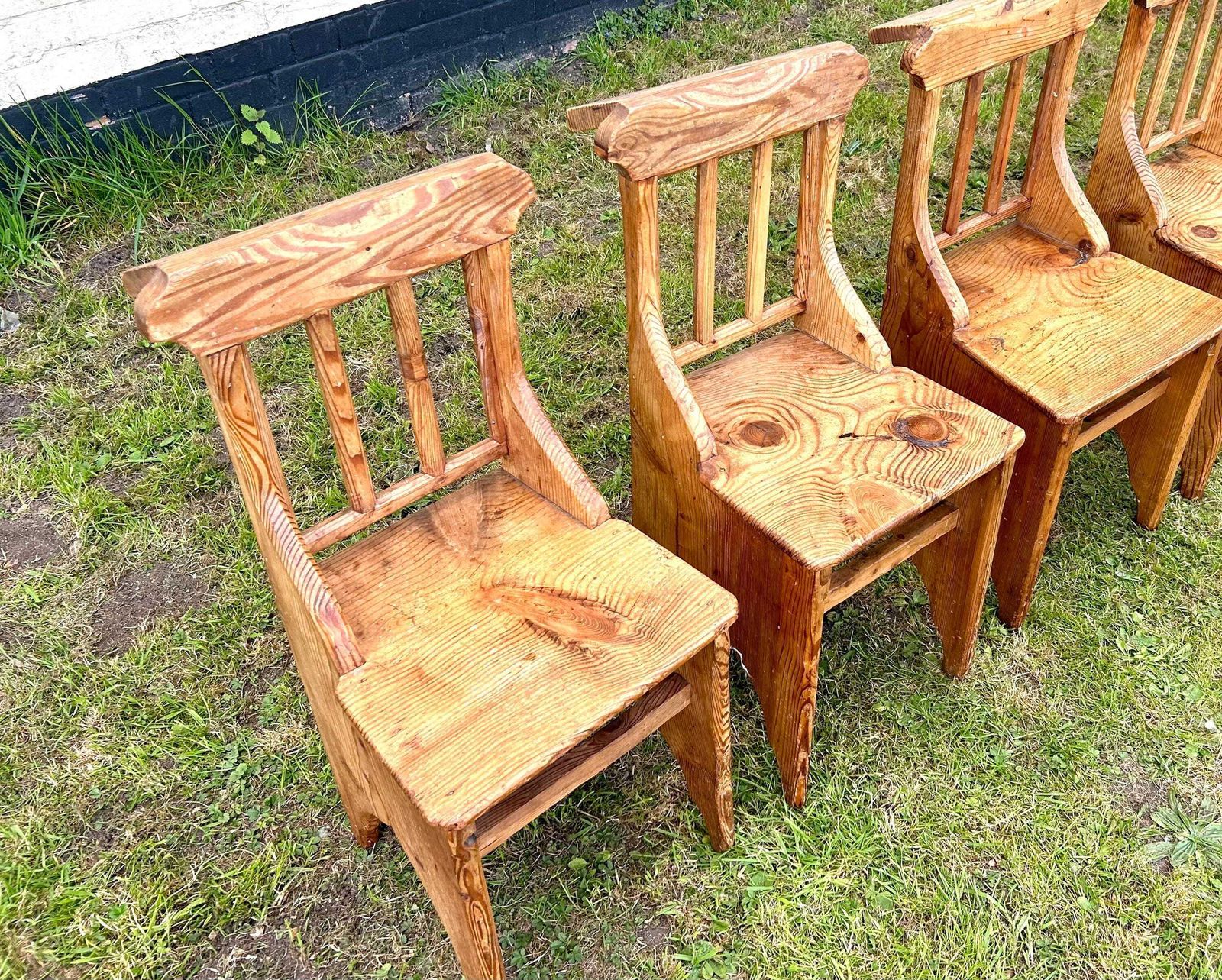Set Of Six Victorian Pine Gothic Antique Chapel Church Chairs Vintage Industrial Retro Kitchen Dining Old Wooden Stacking School Wedding photo for sale