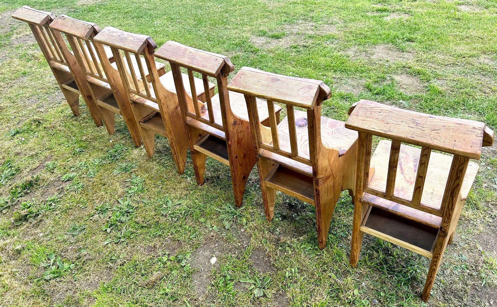 Set Of Six Victorian Pine Gothic Antique Chapel Church Chairs Vintage Industrial Retro Kitchen Dining Old Wooden Stacking School Wedding photo 720.0