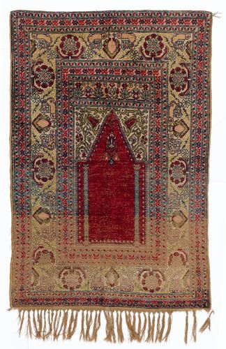 3.7x5.4 Ft Antique Silk Turkish Prayer Rug, Ca 1900.