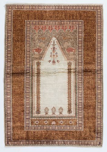 4x6 Ft Antique Turkish Art Silk Prayer Rug. Handmade Prayer Mat