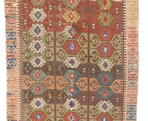 4.8x12.2 Ft Antique Turkish Konya Kilim Rug, Flat Weave Floor Covering, Ca 1890 photo for sale