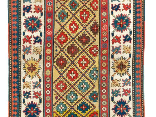 3.7x8.8 Ft Antique Yellow Ground Caucasian Kazak Rug, Ca 1880 photo for sale