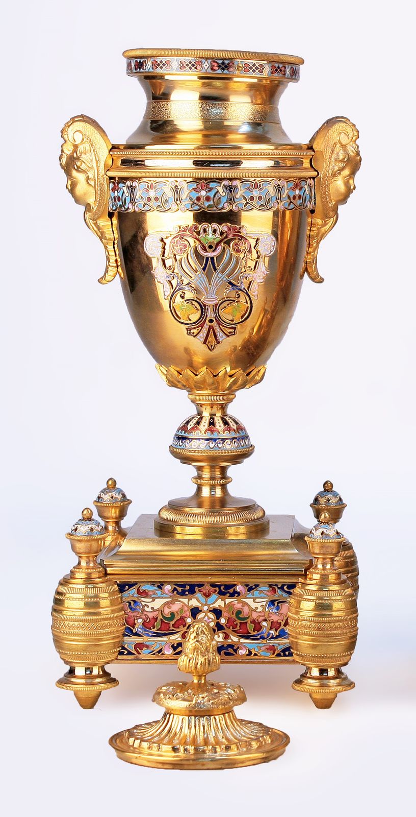 photo for sale Late 19th Century French Gilt Bronze/Ormolu Cloisonné Champlevé Enameled Mantle Clock Garniture Set By Japy Frères