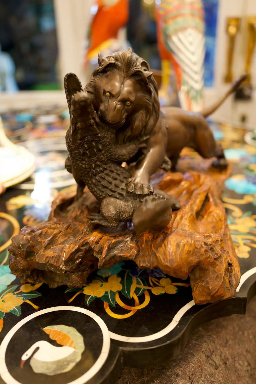 19th Century Bronze Lion And Crocodile On Hardwood Base photo Art