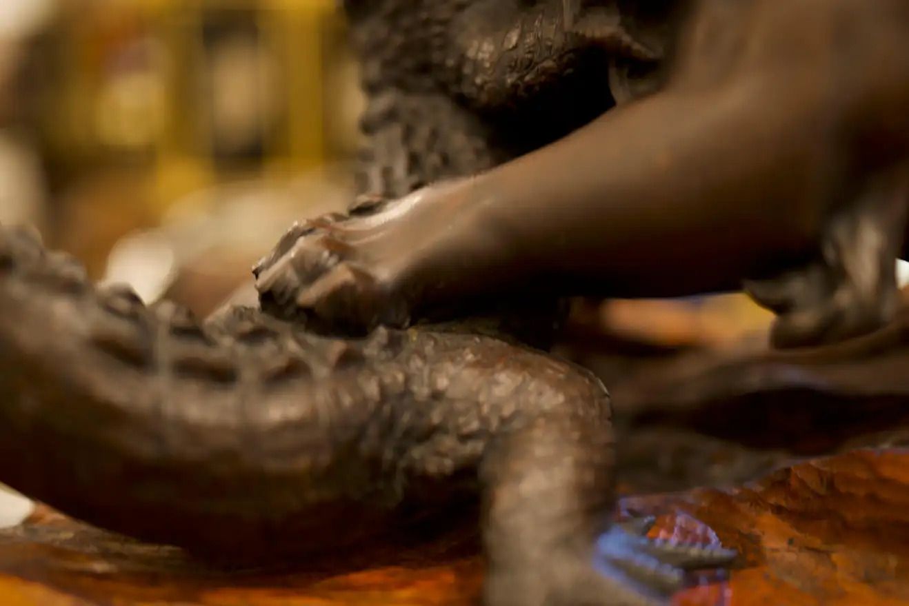 19th Century Bronze Lion And Crocodile On Hardwood Base photo vinterior