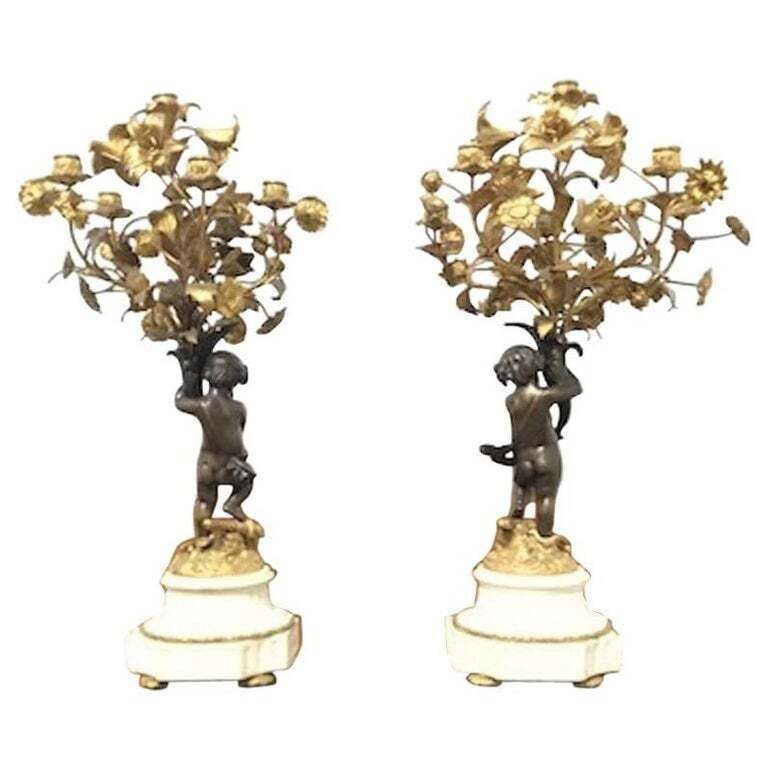 Pair Of French 19 Century Cast Bronze Putti 'Cherub' Candelabras