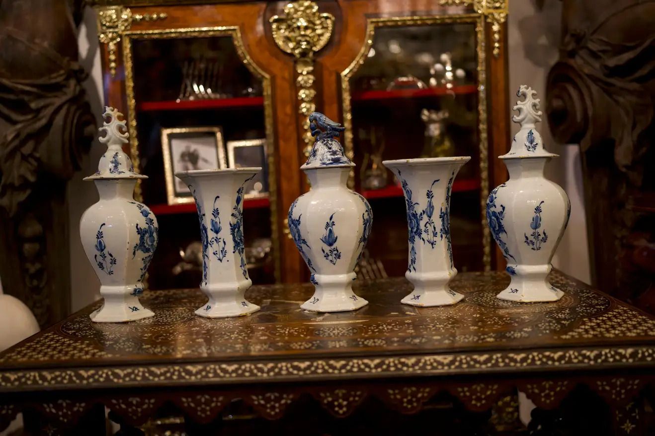 A Garniture Of Mid 18th Century Dutch Delft Blue And White Vases photo for sale