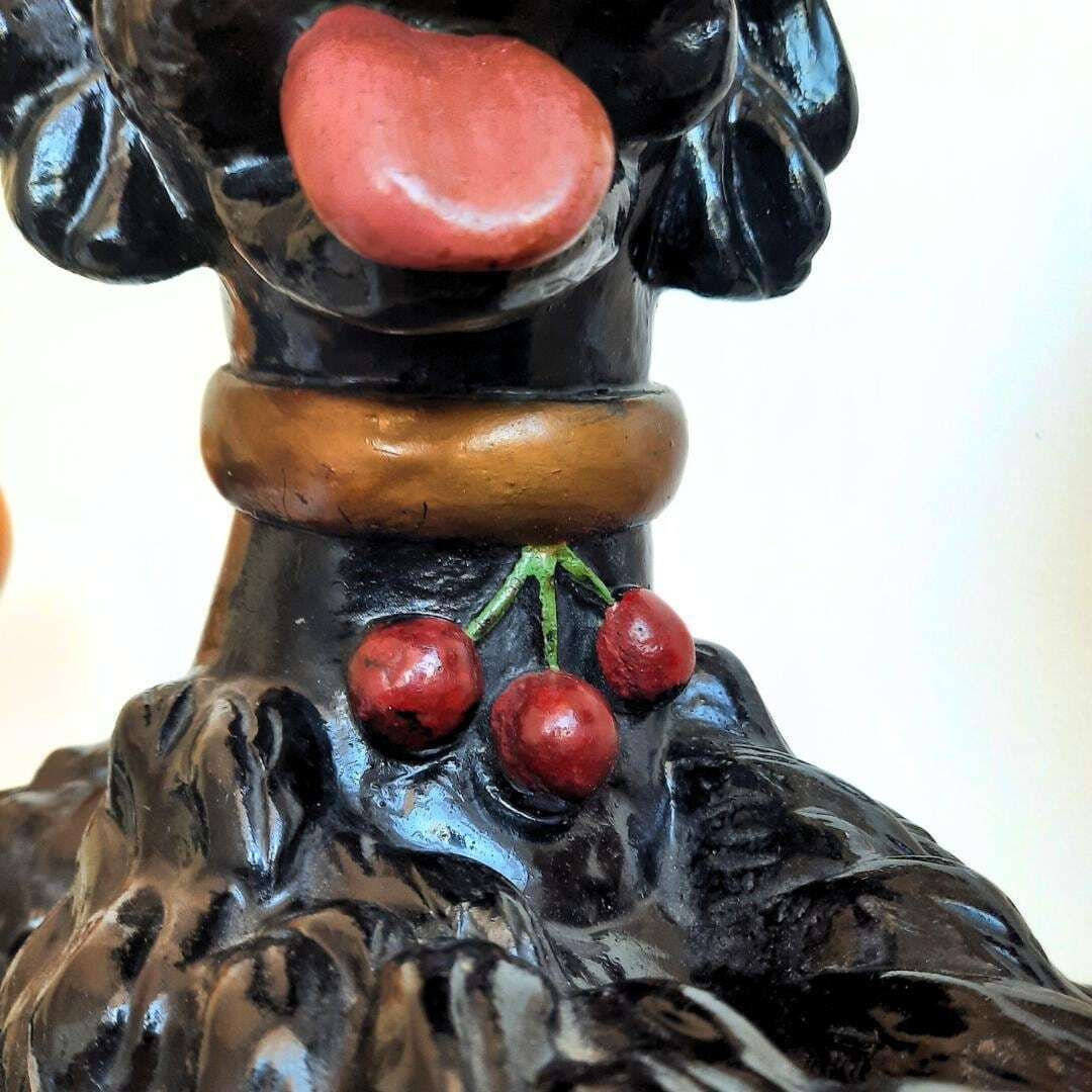 Large Mid Century British Black Chalkware Poodle Dog With Red Cherries Collar Glass |Eyes Sculpture In Resting Position 22 Inches Long photo furniture