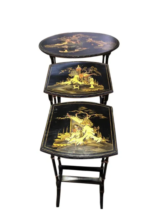 Set Of Three Carved Chinese Chinoiserie Nested Tables photo for sale