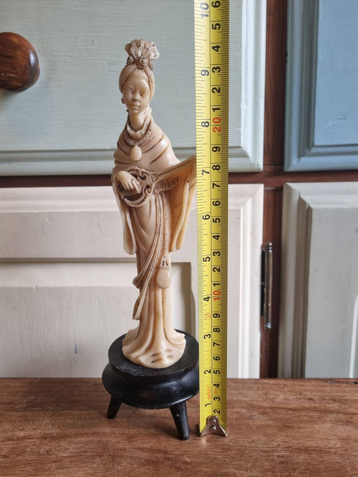 photo furniture Japanese Geisha Resin Figurine | Traditional Asian Woman Sculpture | Kimono Figure On Stand | 1960s Asian Statue, Oriental Girl Holding Ruan