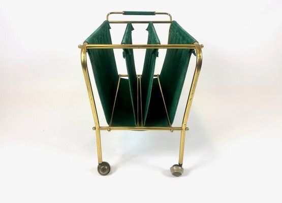 Mid Century Brass And Leather Trolley Magazine Rack, 1950s photo vinterior