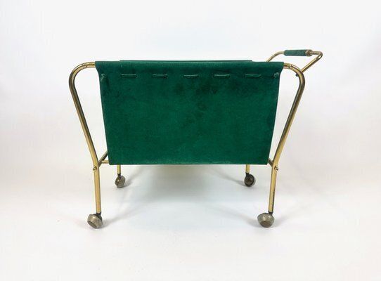 photo for sale Mid Century Brass And Leather Trolley Magazine Rack, 1950s