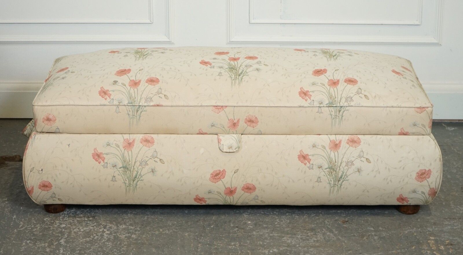 Large Antique Victorian Poppy Flower Pattern Fabric Ottoman Chest Trunk  J1 photo for sale