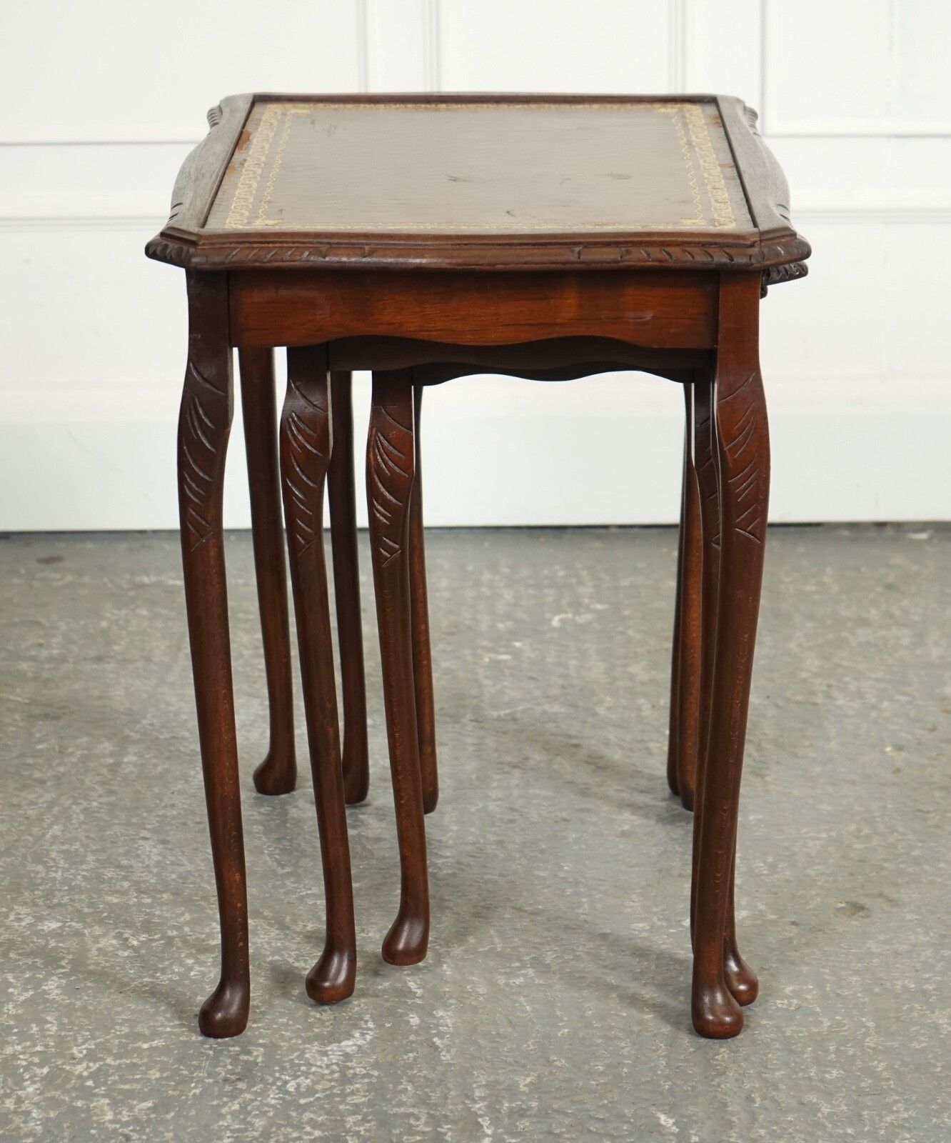 Vintage Nest Of Tables Queen Anne Style Legs With Brown Embossed Leather Top photo vinterior