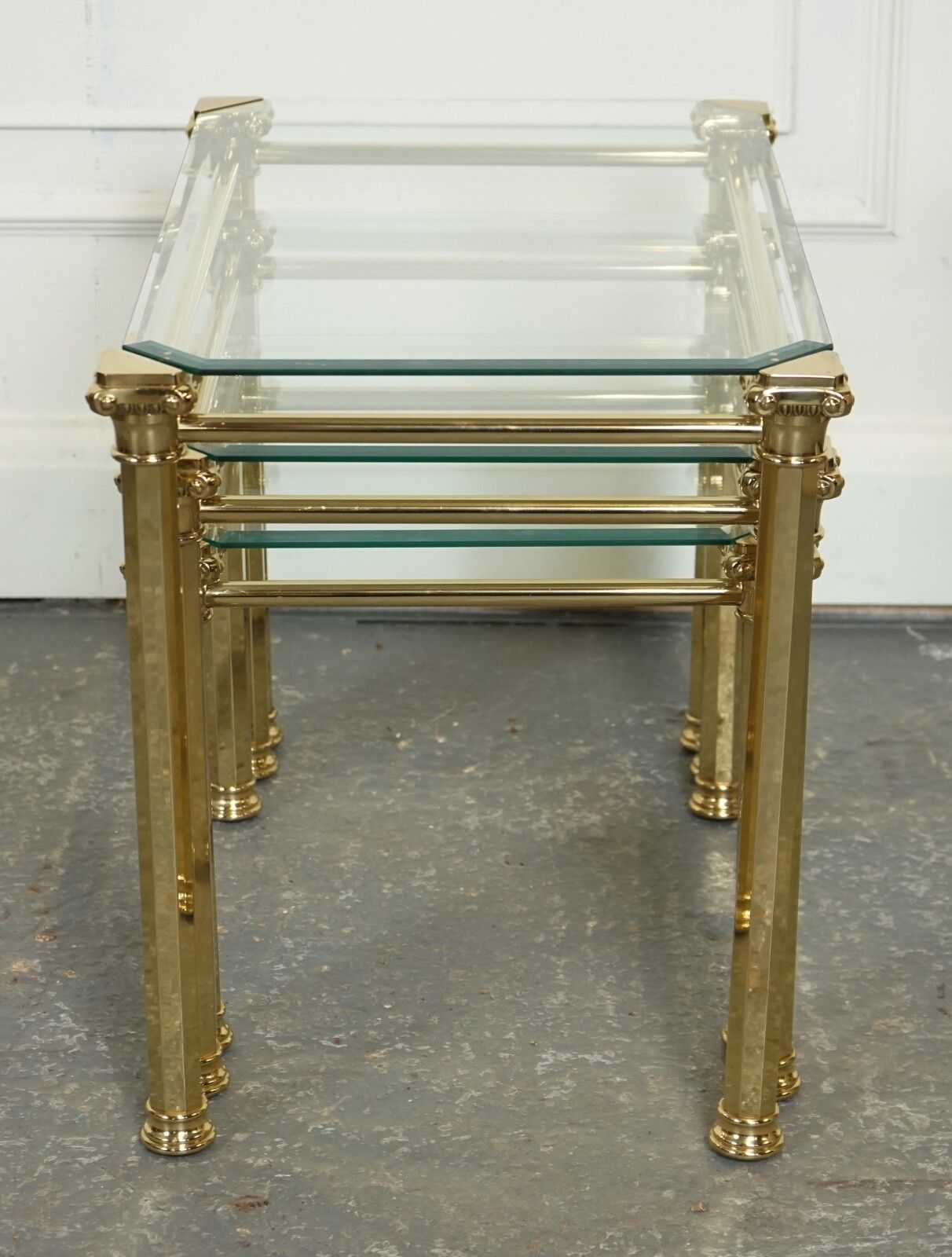 photo for sale Set Of 1970's Hollywood Regency Golden Brass Glass Nest Of Tables Side Table  J1