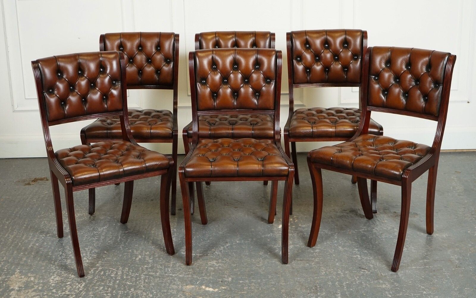 Set Of 6 Restored Chesterfield Leather Dining Chairs J1 photo furniture