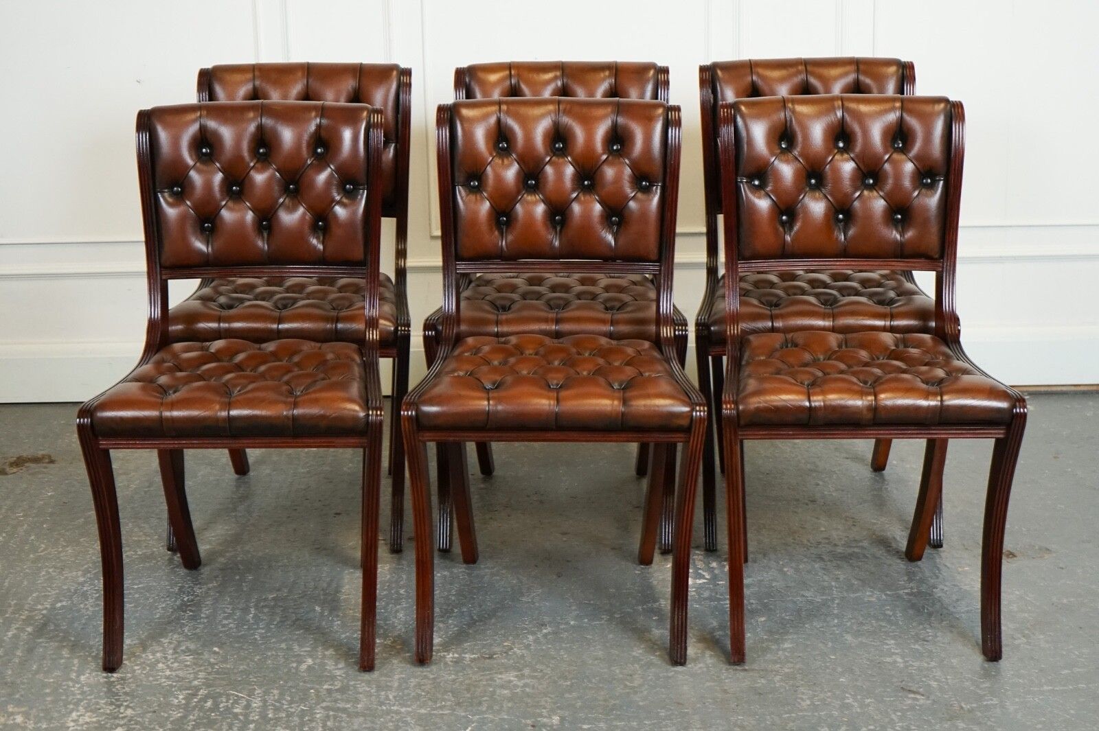 Set Of 6 Restored Chesterfield Leather Dining Chairs J1 photo for sale