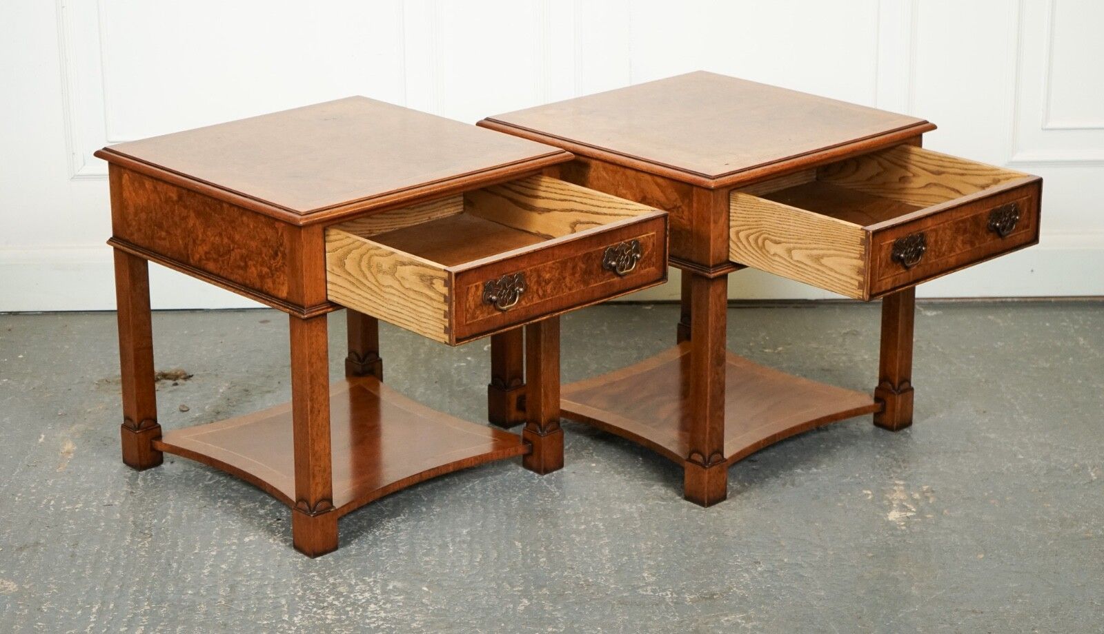 photo furniture Pair Burr Walnut Bedside Nightstands End Side Lamp Tables Brights Of Nettlebed
