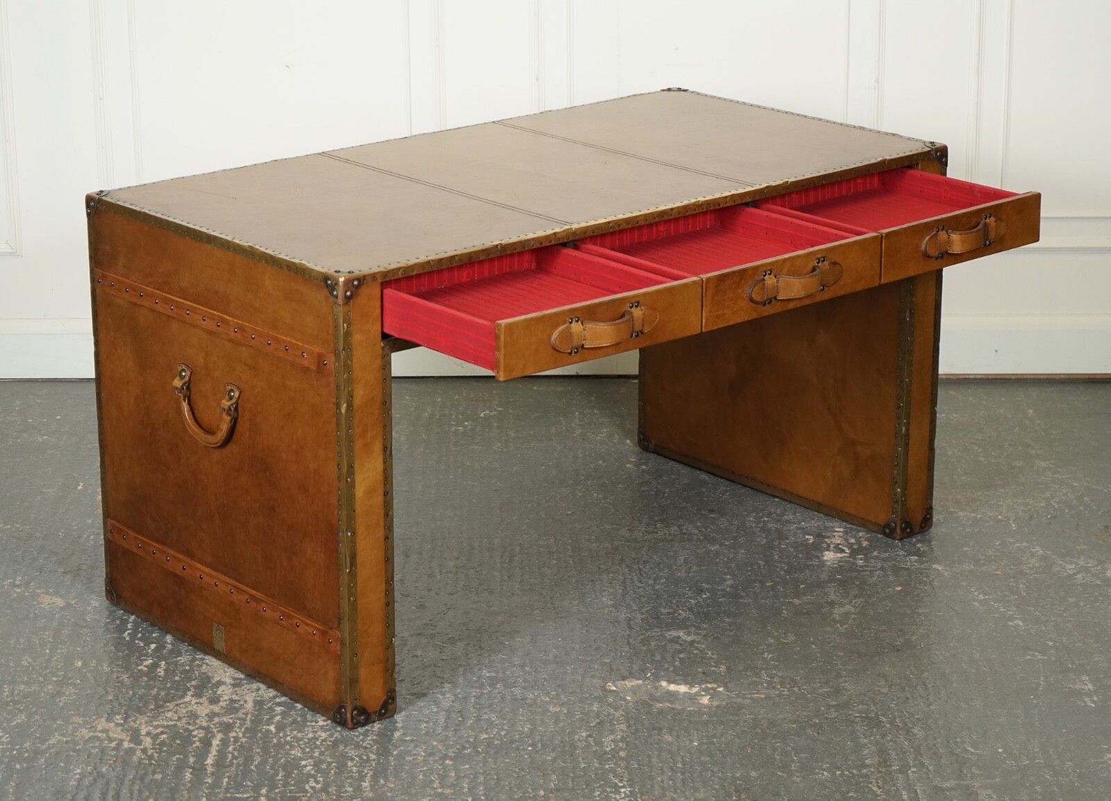 Absolutely Stunning Vintage Full Leather Desk With Three Drawers Made By Esquire photo for sale
