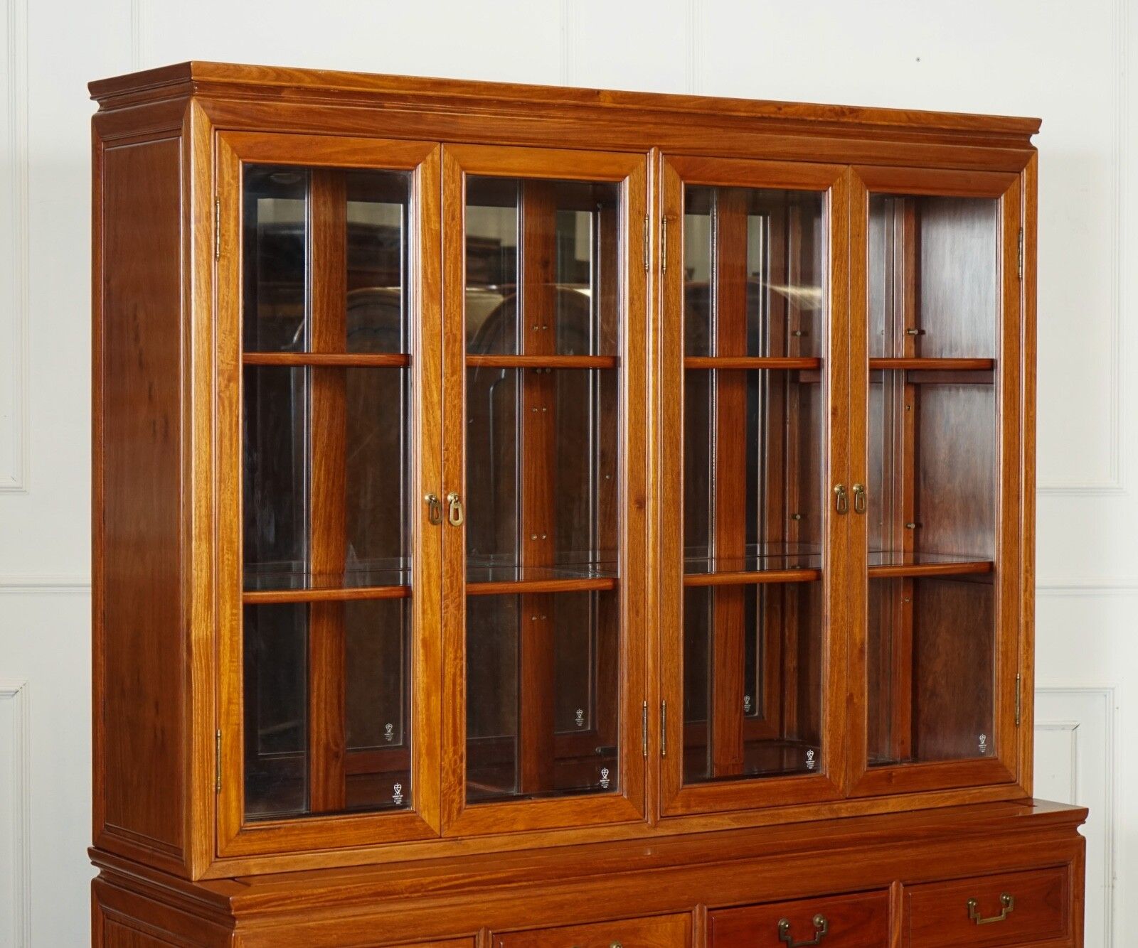 Large Vintage Oriental Chinese Carved Solid Hardwood Bookcase Display Cabinet photo for sale
