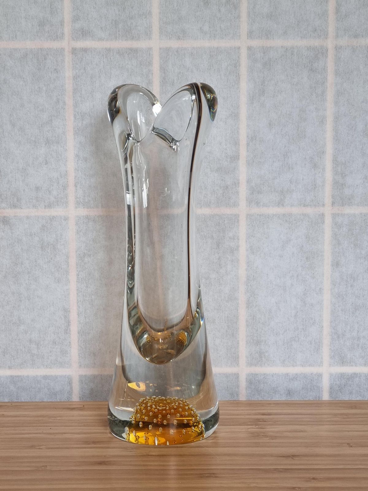 Thomas Webb Flair Vase | David Hammond Design | 1960s British Art Glass | Controlled Bubble Amber Base photo vintage