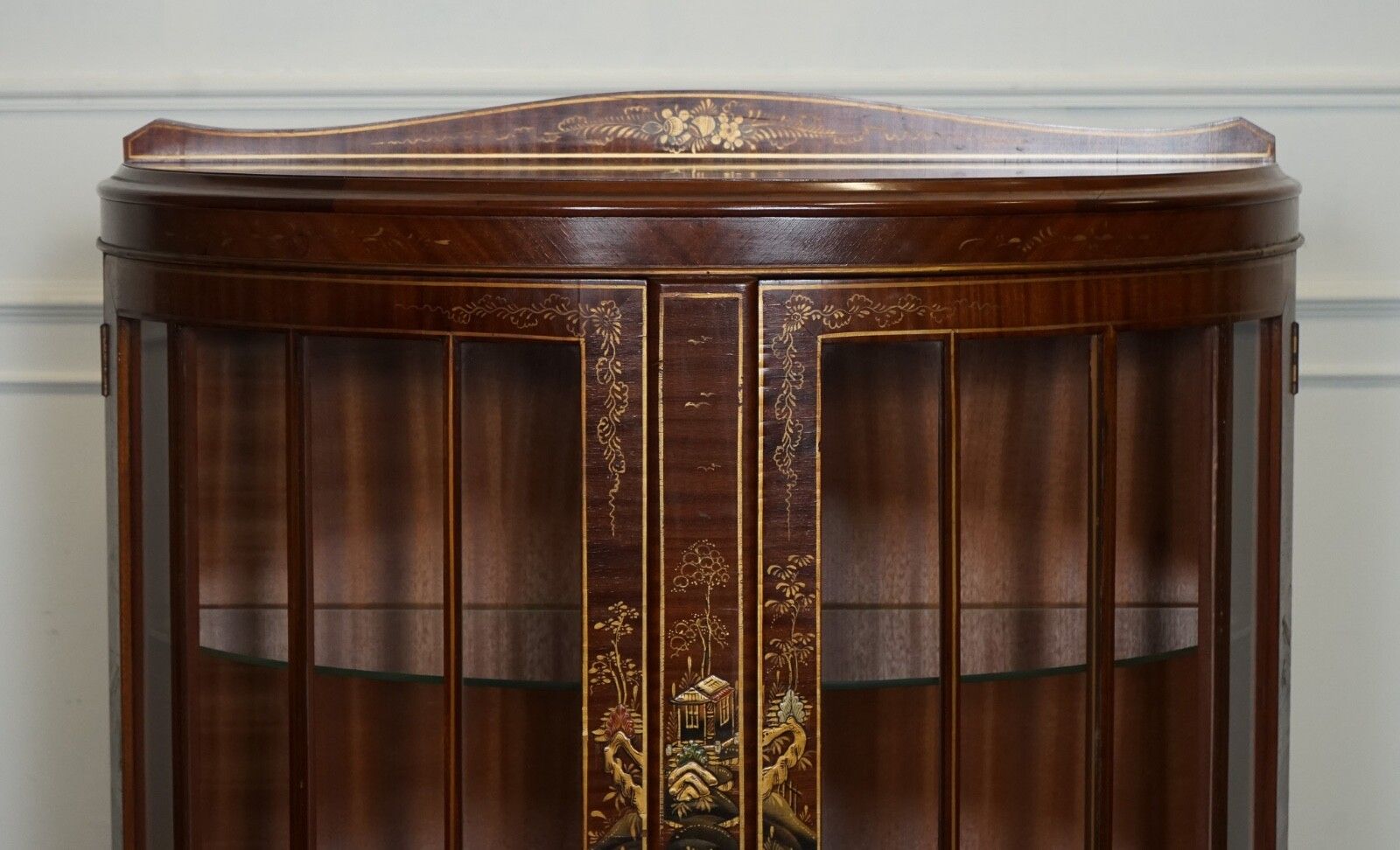 Oriental Chinese Dwarf Bow Front Display Cabinet With Glass Shelves photo 585.0