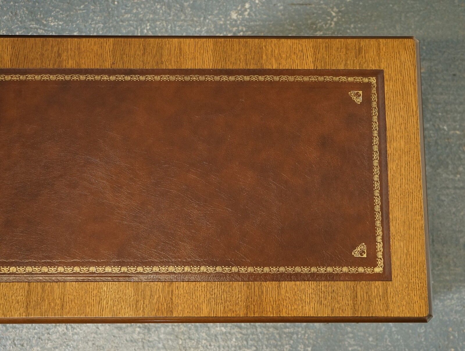 Furniture Vintage Oak Office Pedestal Desk Brown Leather Top Part Of Suite photo