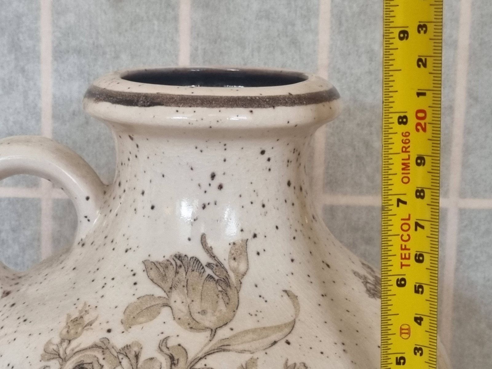 Scheurich German Pottery Vase | Mid Century Floral Jug | 1960s West German Ceramic | Speckled Beige Handled Jug Vase photo vintage