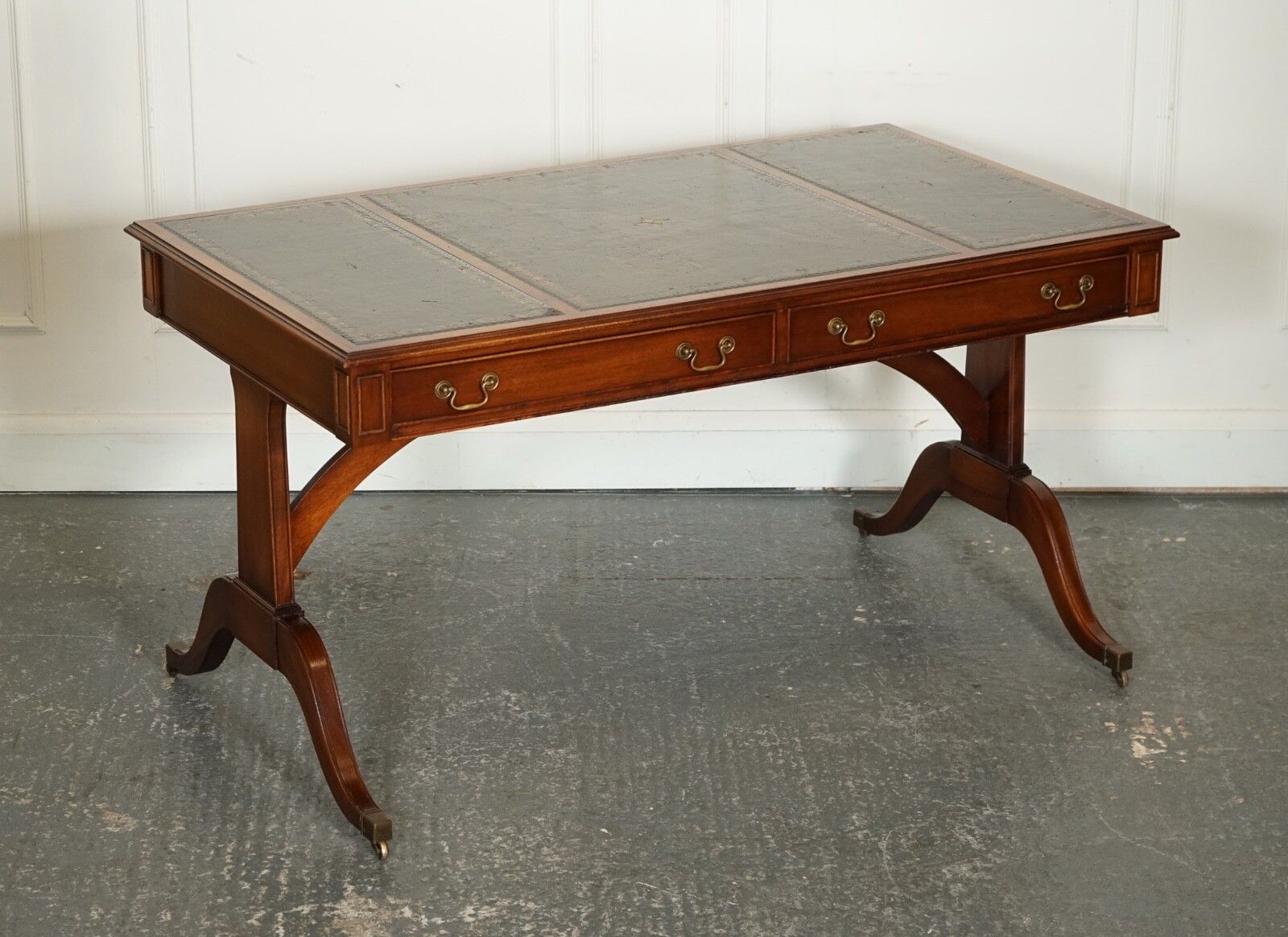 Bevan Funnel Regency Style Two Drawers Writing Office Desk Table Green Leather photo furniture