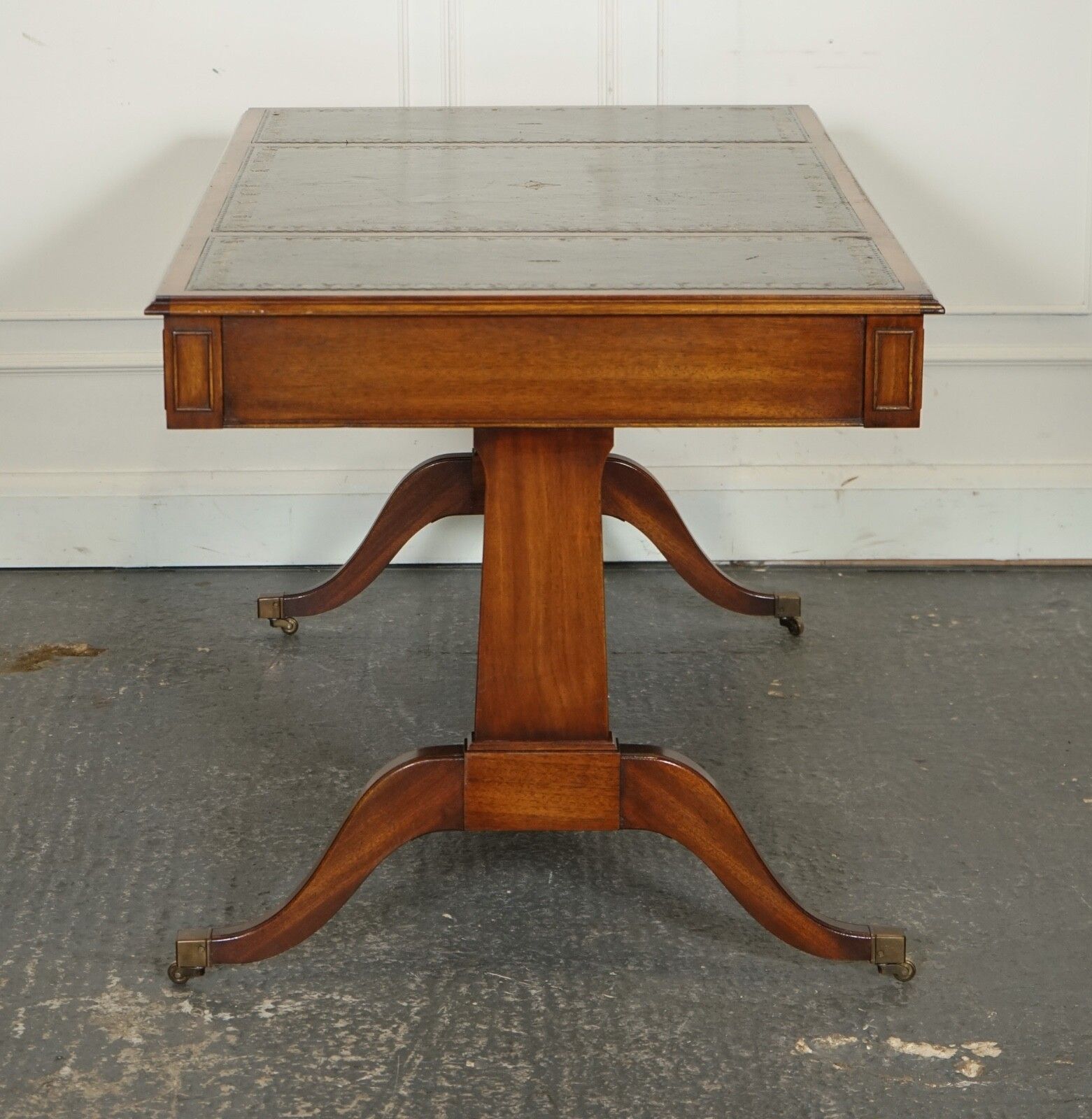 1950.0 Bevan Funnel Regency Style Two Drawers Writing Office Desk Table Green Leather photo