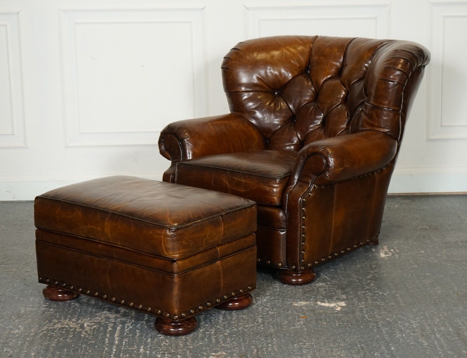 Fully Restored Hand Dyed Leather Writers Reading Armchair With Footstool photo for sale