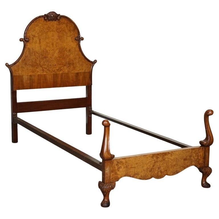 Circa 1930 Art Deco Burr Walnut English Made Vono Bedstead Frame Queen Anne Legs