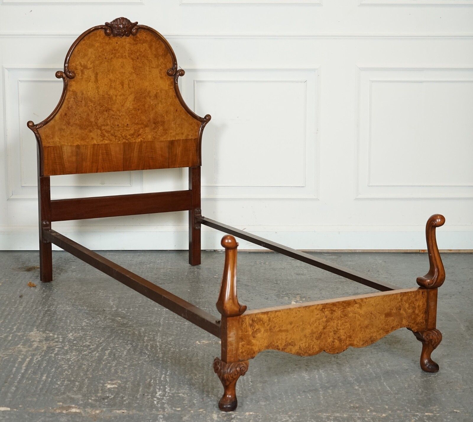 Circa 1930 Art Deco Burr Walnut English Made Vono Bedstead Frame Queen Anne Legs photo furniture