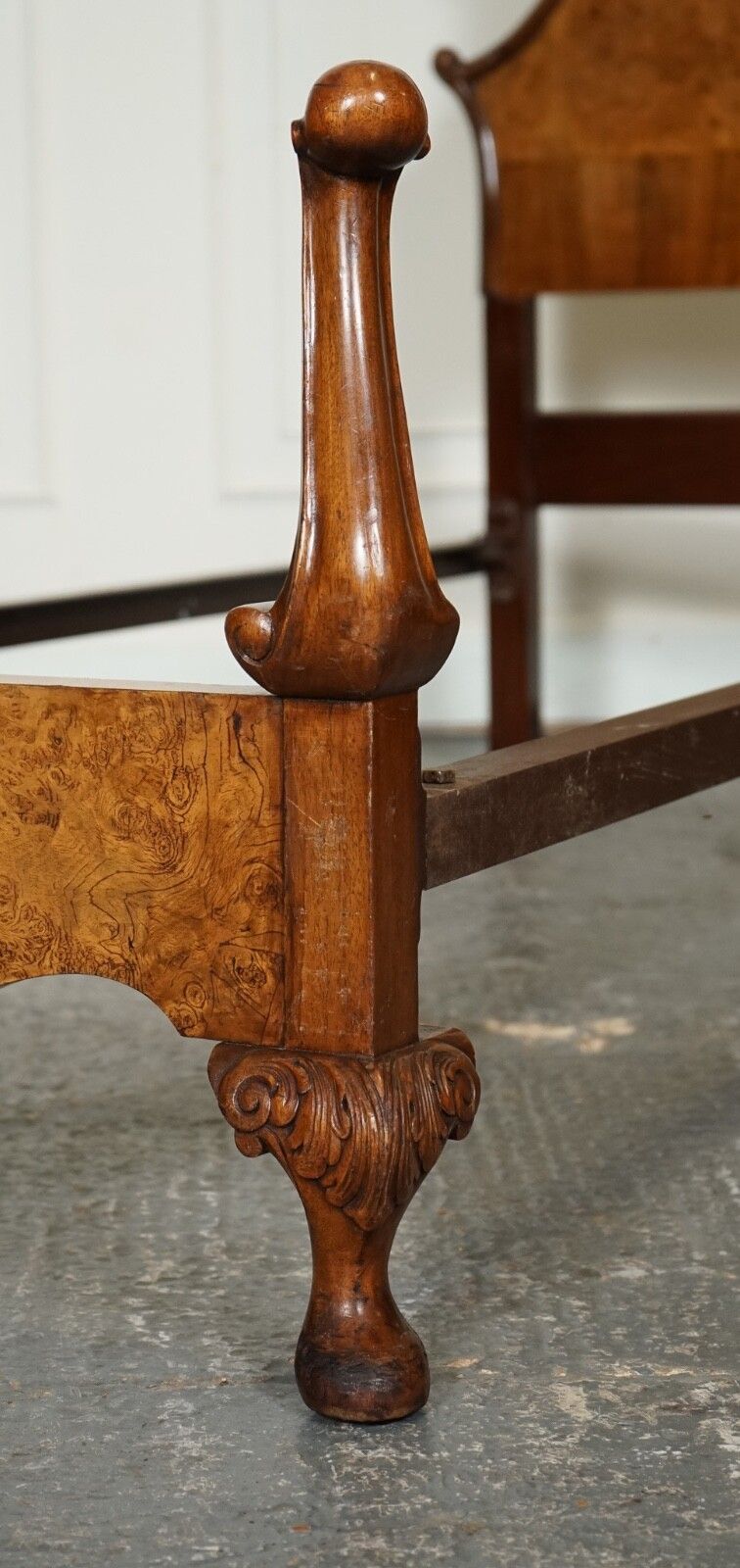 photo for sale Circa 1930 Art Deco Burr Walnut English Made Vono Bedstead Frame Queen Anne Legs