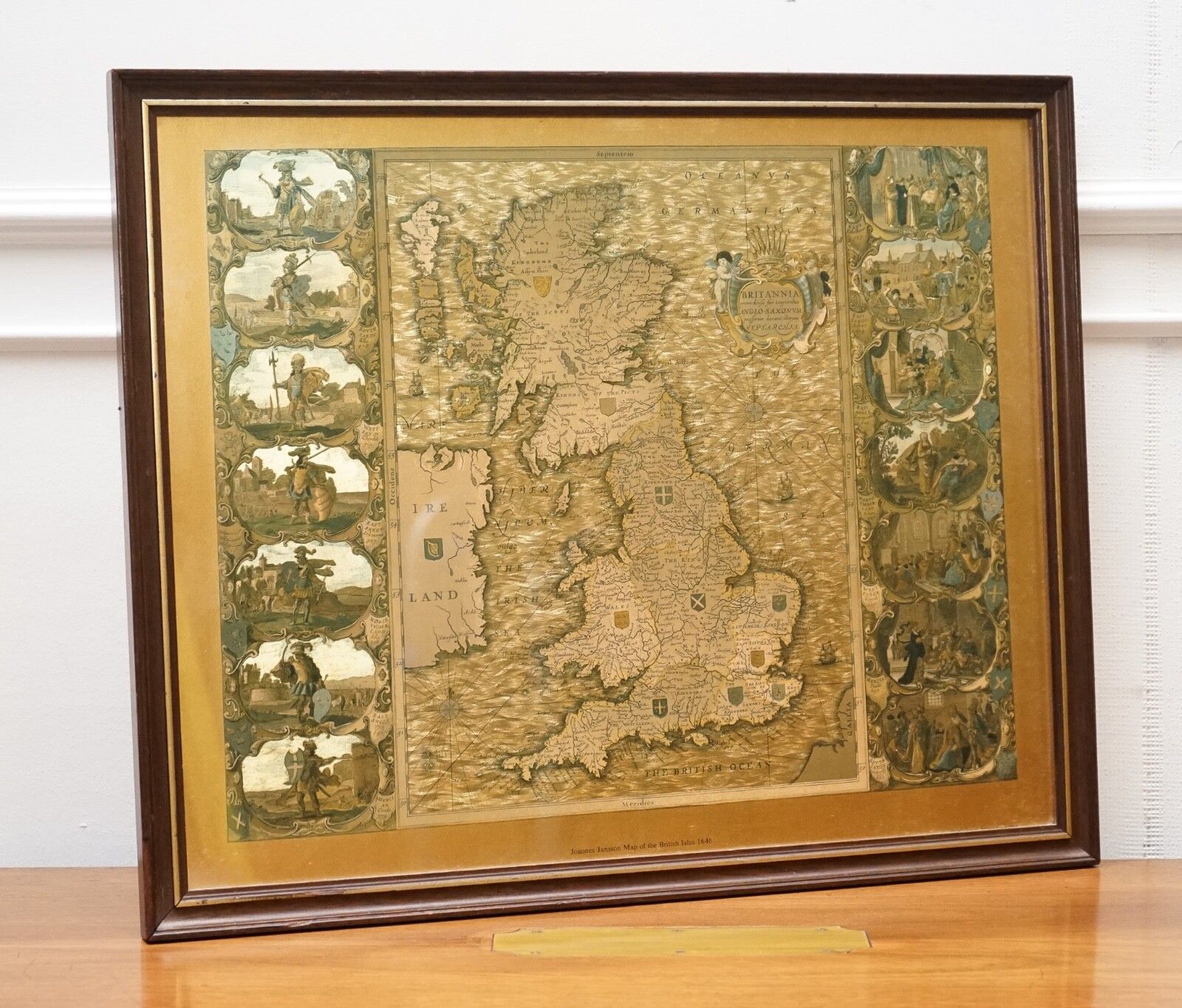 Vintage Gold Foil Map Of The British Isles 1646 By Joannes Janssen photo furniture