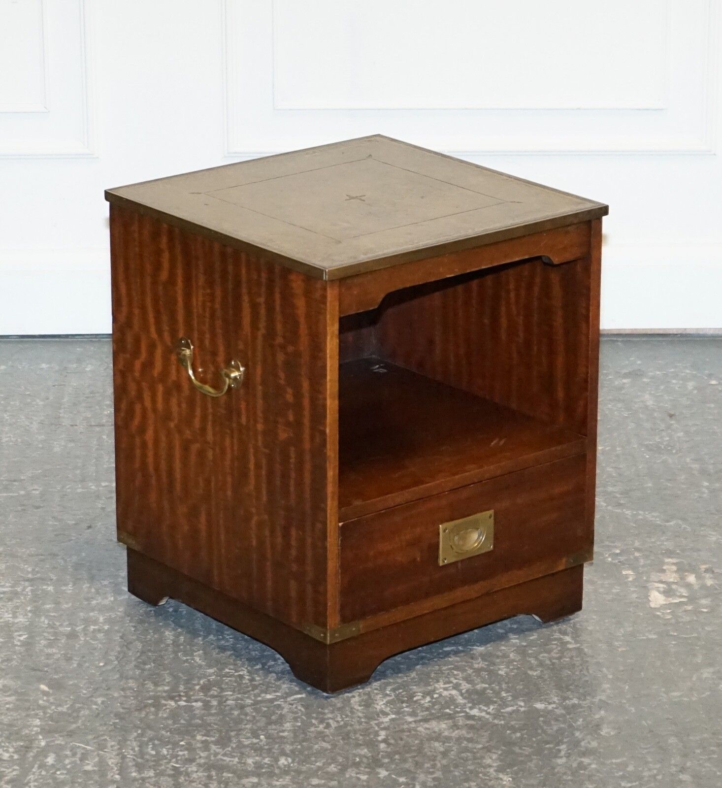 Vintage Bevan Funell Military Campaign Bedside Table Nightstand Leather Top photo furniture