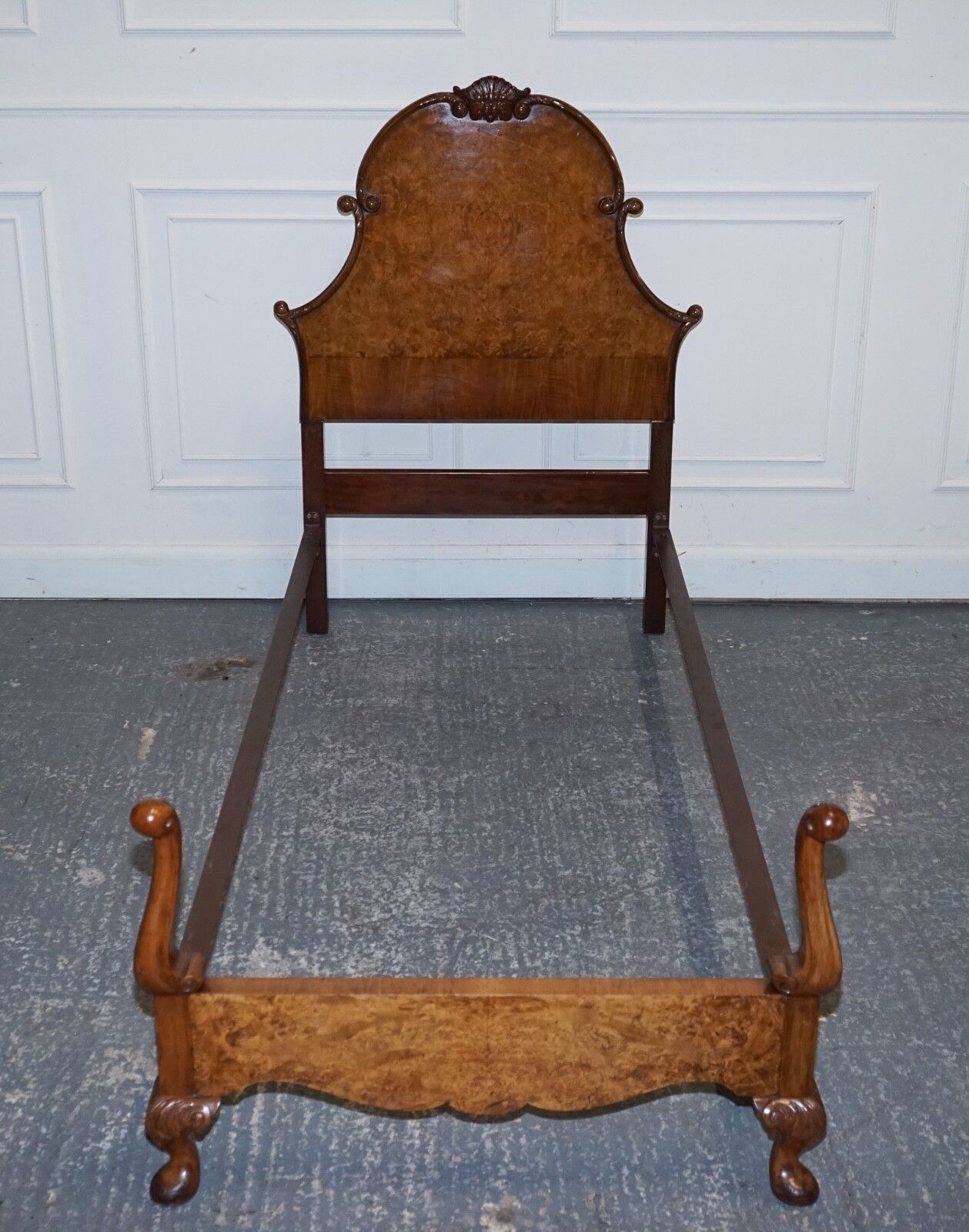 photo for sale 1930 Art Deco Burr Walnut English Made Vono Bedstead Frame Queen Anne Legs 2/2