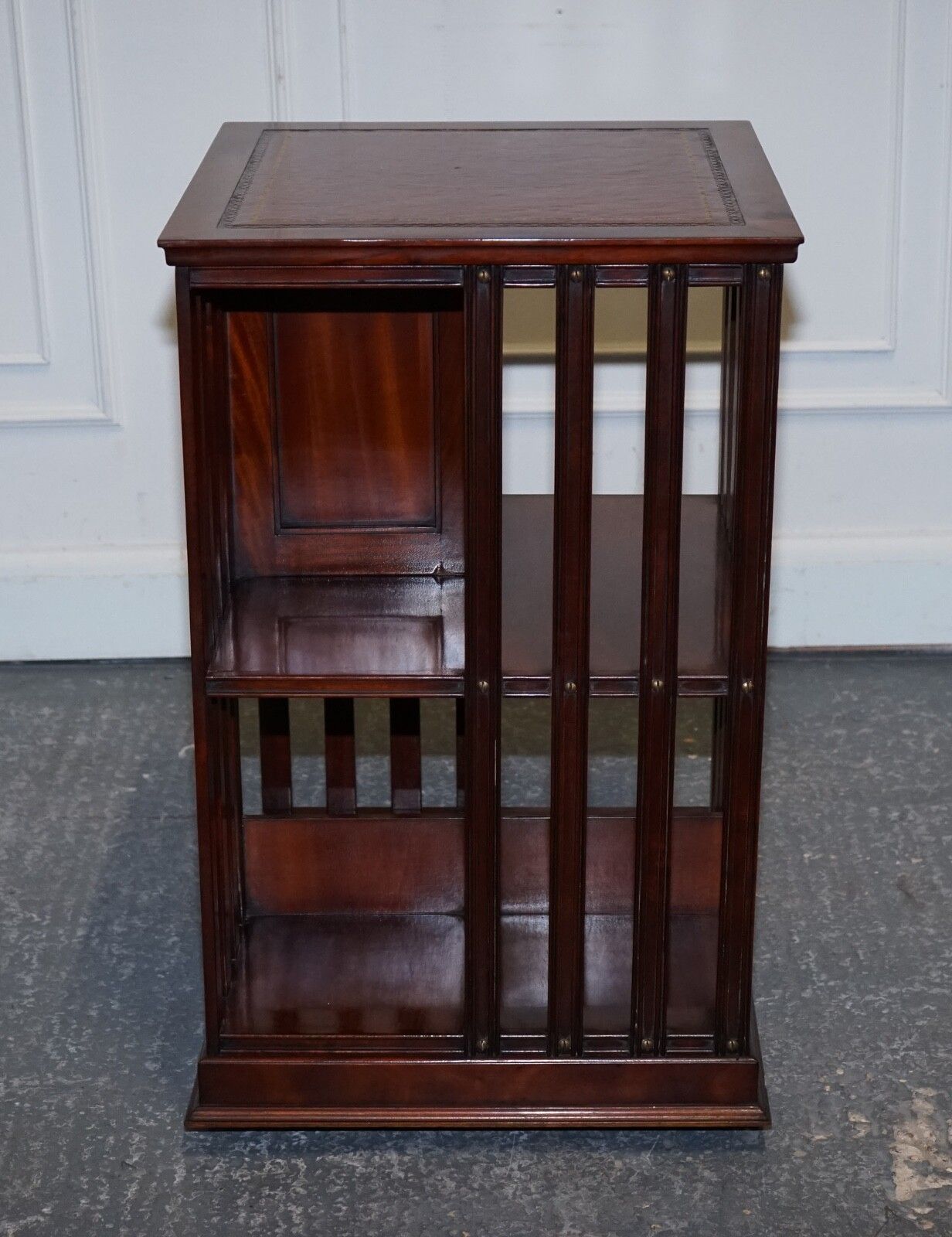 Stunning Revival Inlaid Revolving Bookcase End Table With Brown Aged Leather Top photo Furniture