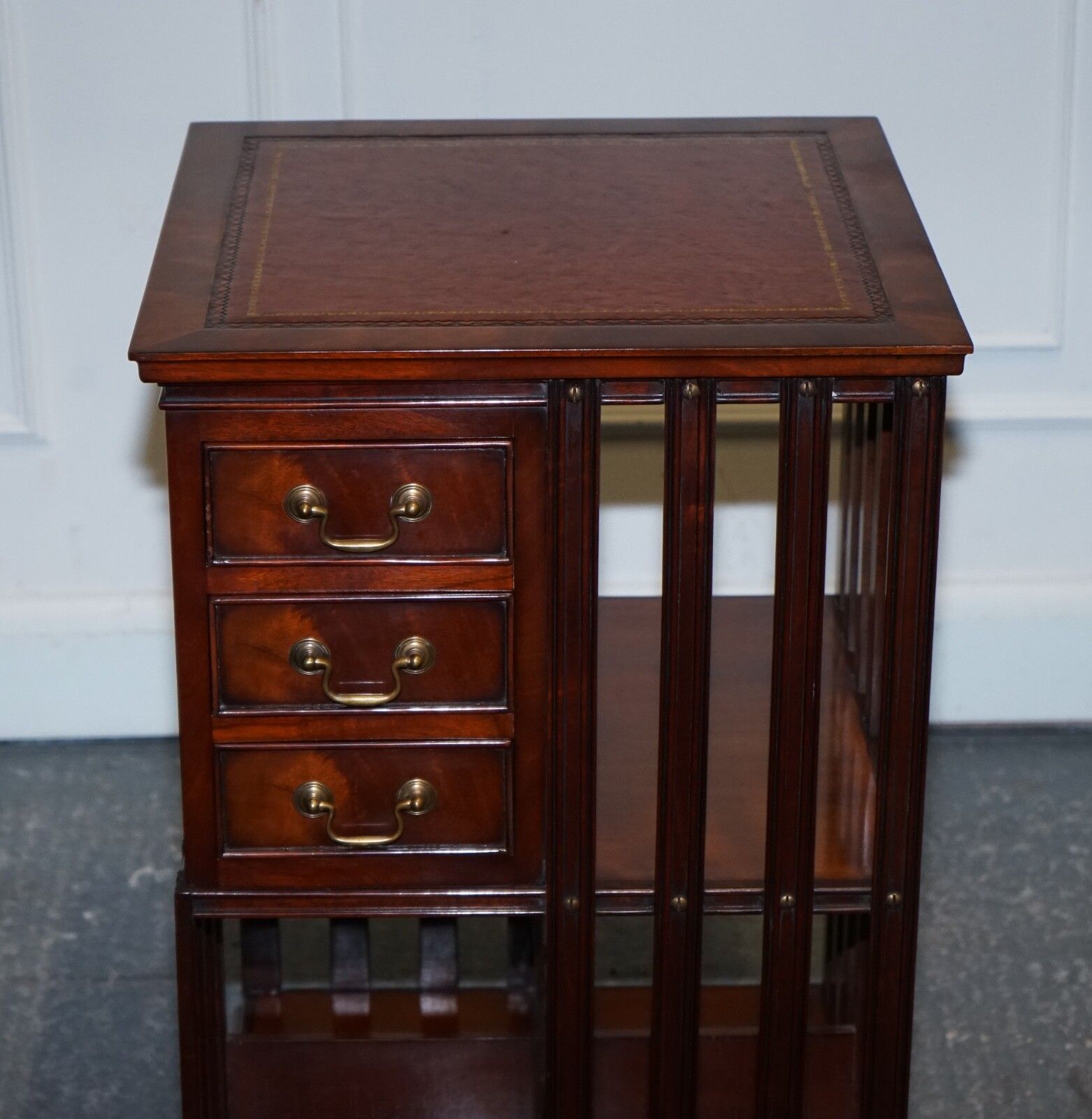Stunning Revival Inlaid Revolving Bookcase End Table With Brown Aged Leather Top photo vintage