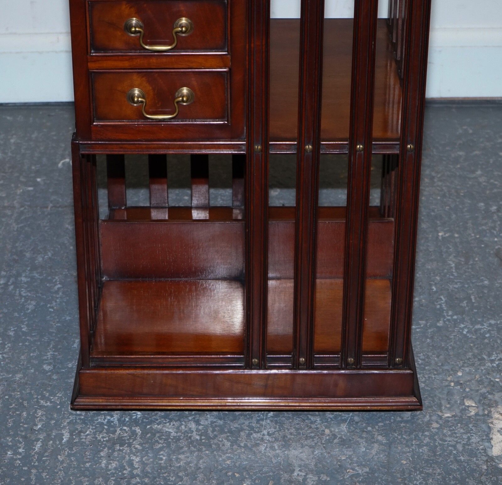 photo furniture Stunning Revival Inlaid Revolving Bookcase End Table With Brown Aged Leather Top
