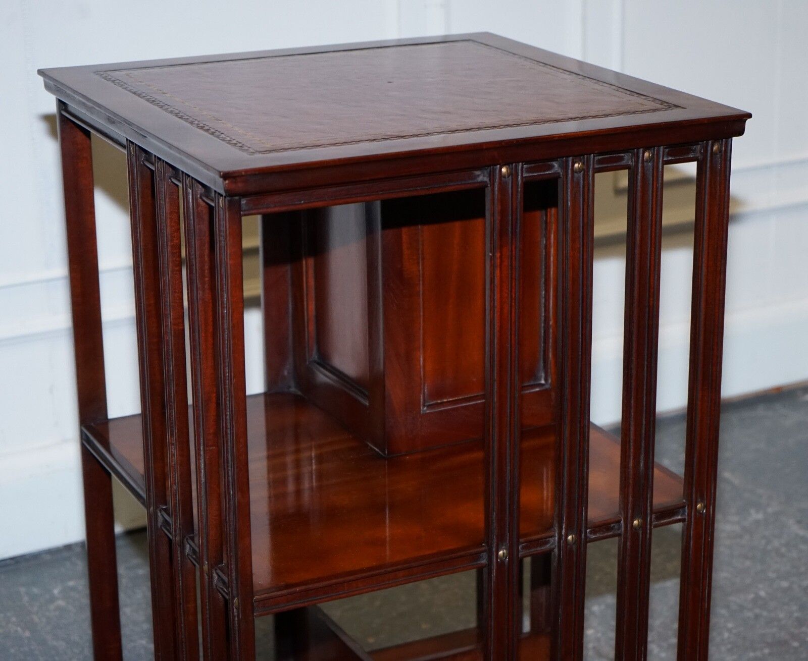 photo buy Stunning Revival Inlaid Revolving Bookcase End Table With Brown Aged Leather Top