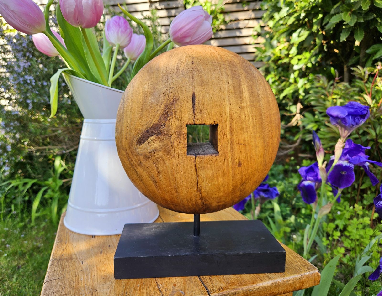Wood Mounted, Circular 'Wheel' Ornament In Warm Mango Wood