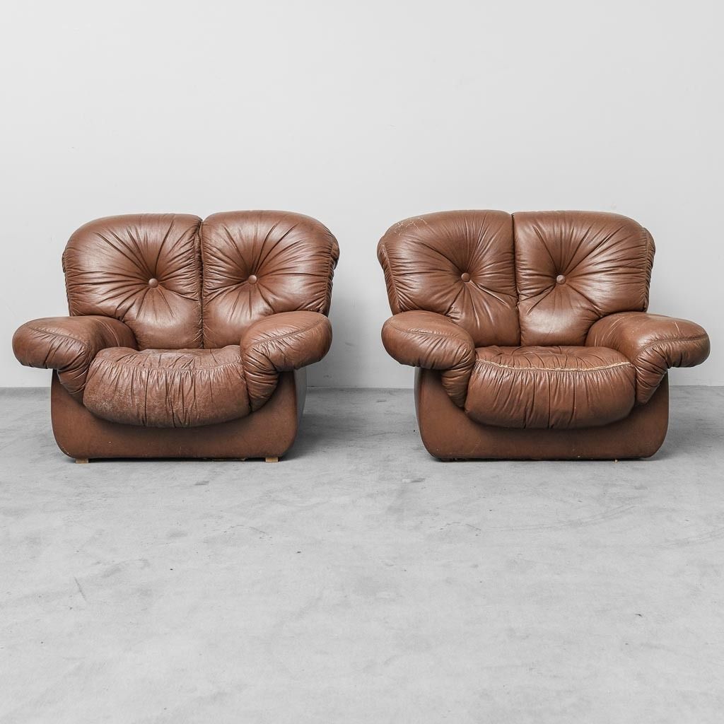 photo for sale Pair Of Vintage Brown Leather Armchairs From The 70s Modern Antiques