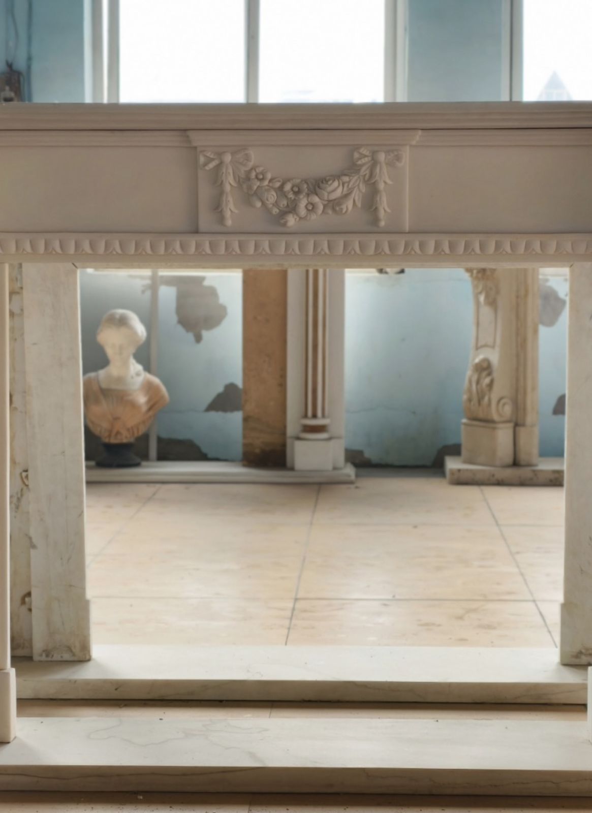 Neoclassical Hand Carved Marble Fireplace Mantle With Swag And Reeded Column photo furniture