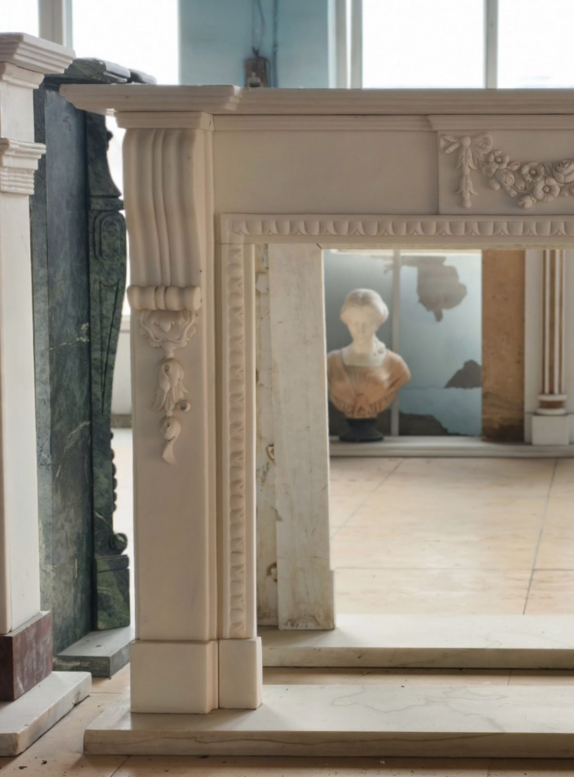 Neoclassical Hand Carved Marble Fireplace Mantle With Swag And Reeded Column photo for sale