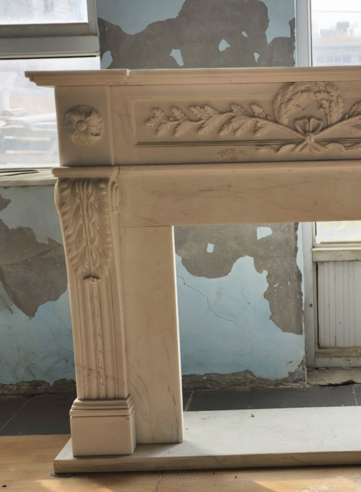 Neoclassical Hand Carved White Marble Fireplace Mantle With Laurel And Rosette photo for sale