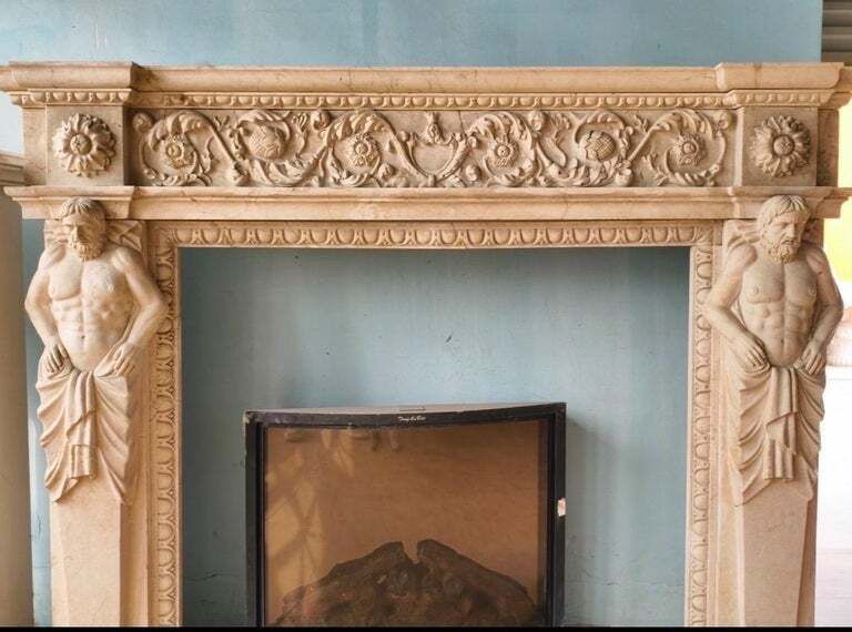 Imposing Hand Carved Fireplace Mantle With Male Caryatids And Classical Frieze photo furniture