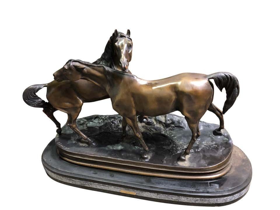 French Patinated Miniature Bronze Figure Of Two Horses By P.J. Mene photo for sale