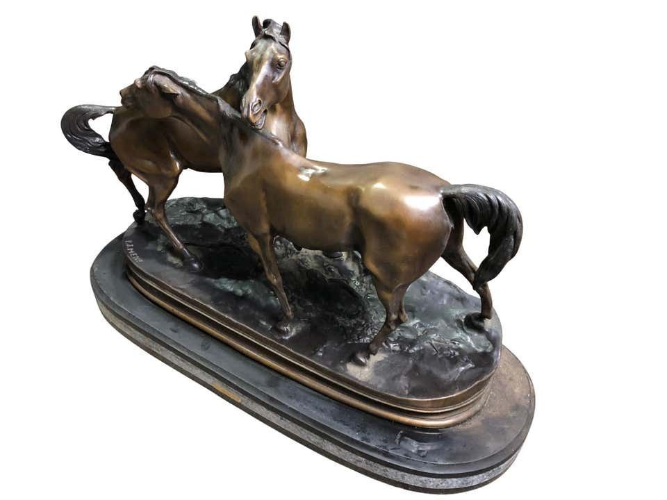Art French Patinated Miniature Bronze Figure Of Two Horses By P.J. Mene photo