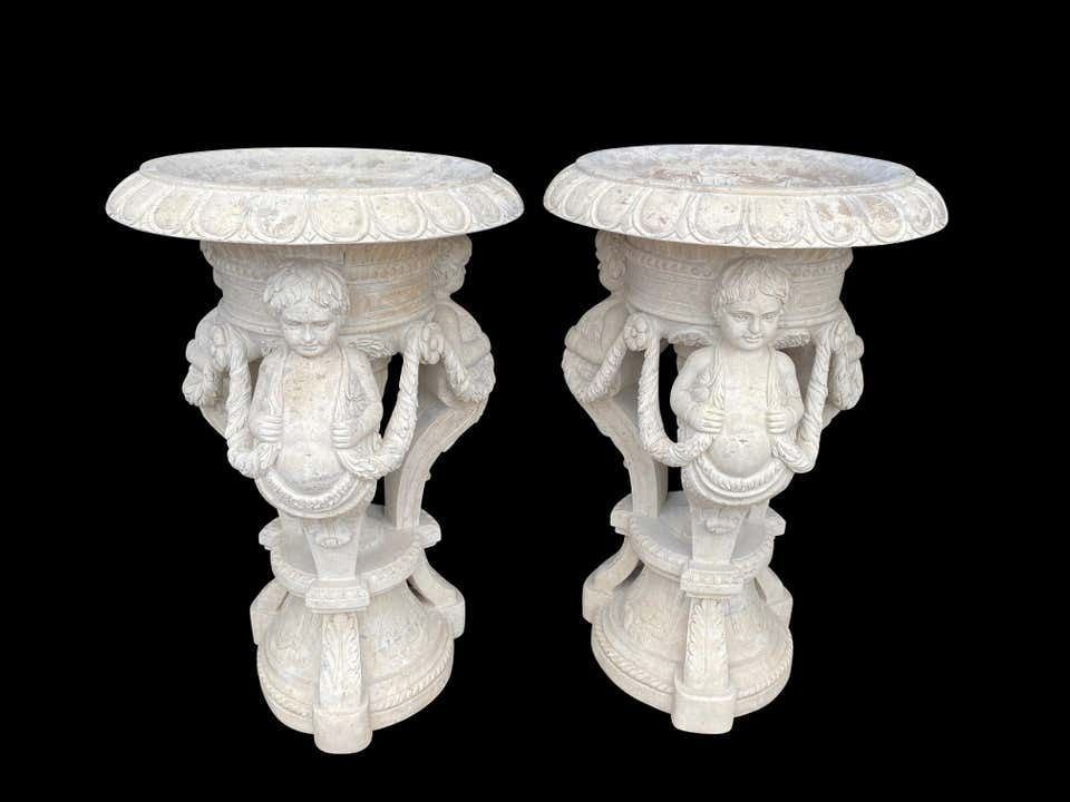20th Century Large Pair Of Hand Carved Marble Planters photo for sale